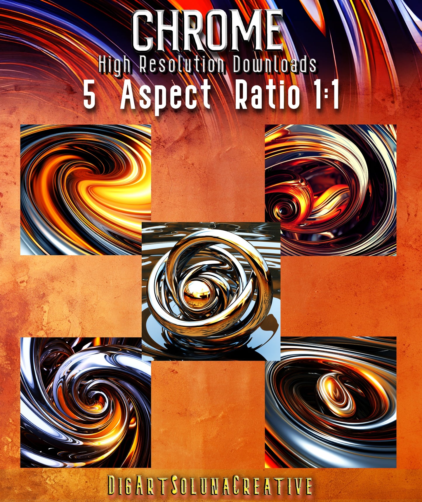 Chrome & Gold Digital Art Collection: Abstract Swirls and Ripples