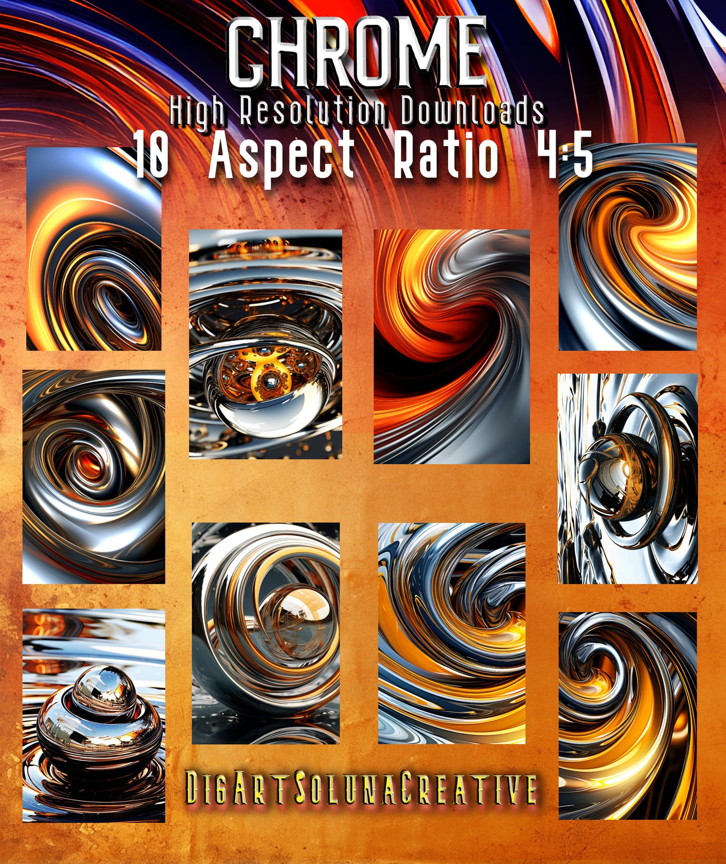 Chrome & Gold Digital Art Collection: Abstract Swirls and Ripples